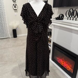 J.B.S. Brown and White V-Neck Flutter Sleeve Midi Dress